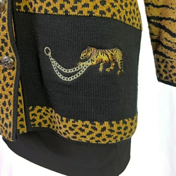 DOLCE BELLA ANIMAL PRINT CARDIGAN CHUNKY OVERSIZED THICK WOOL SWEATER GOLD BLACK - Picture 4 of 10